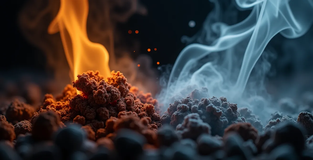 Makroaufnahme zeigt den Unterschied zwischen Verbrennung und Verdampfung