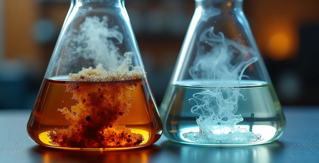 Makroaufnahme des chemischen Unterschieds zwischen Verbrennung und Verdampfung