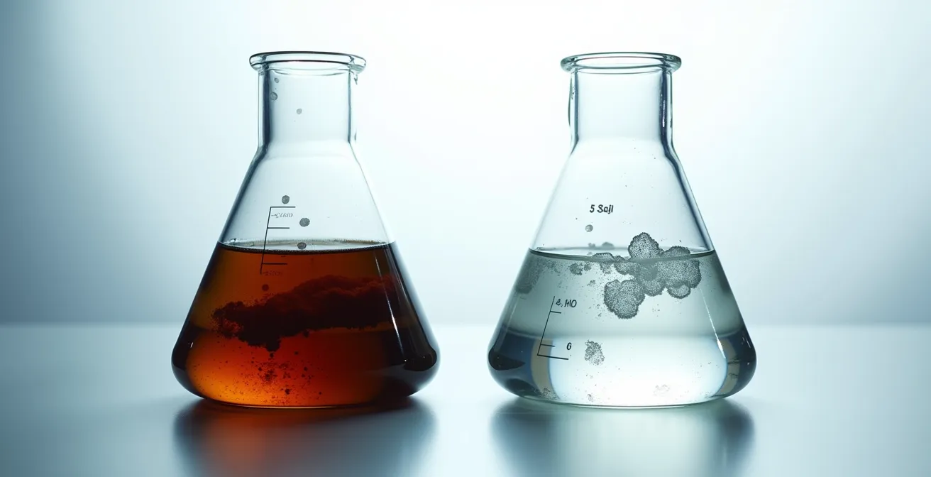 Zwei Glasbehälter nebeneinander - einer mit dunkler Substanz, der andere klar