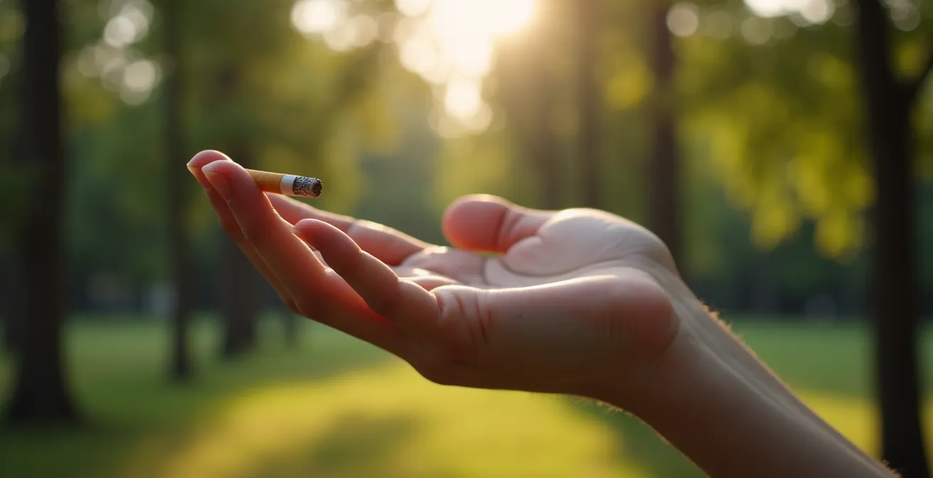 Hand lässt symbolisch etwas los in einem Park mit verschwommenem Hintergrund