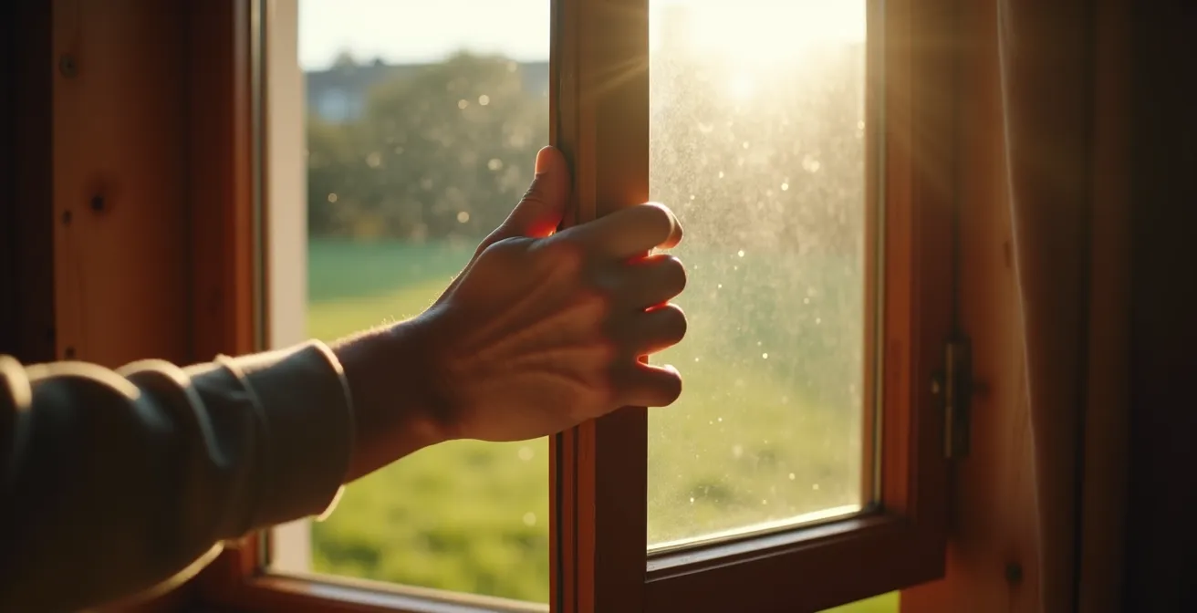 Hände öffnen ein Fenster weit für die Stosslüften-Atmung, frische Luft strömt herein